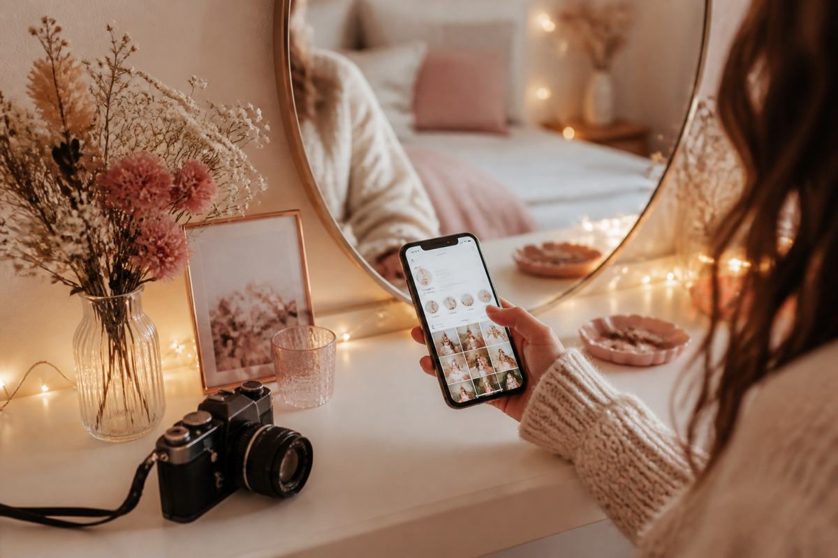 Cozy vanity with fairy lights and a phone showing a social profile