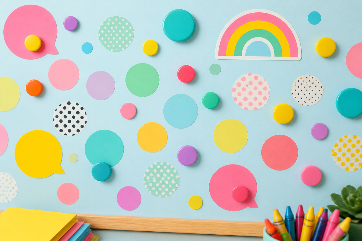Colorful round letter magnets and bubble stickers on a pastel board