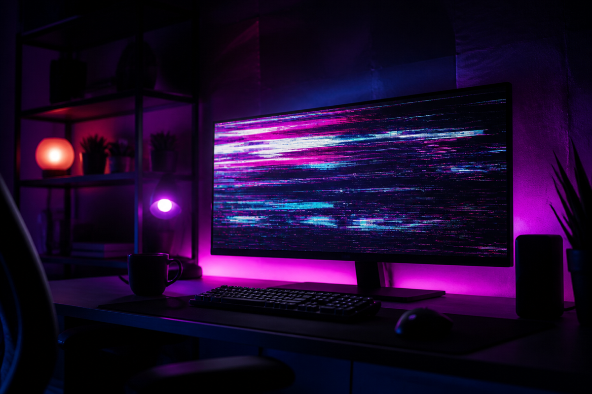 Neon desk with a glitchy glowing computer screen