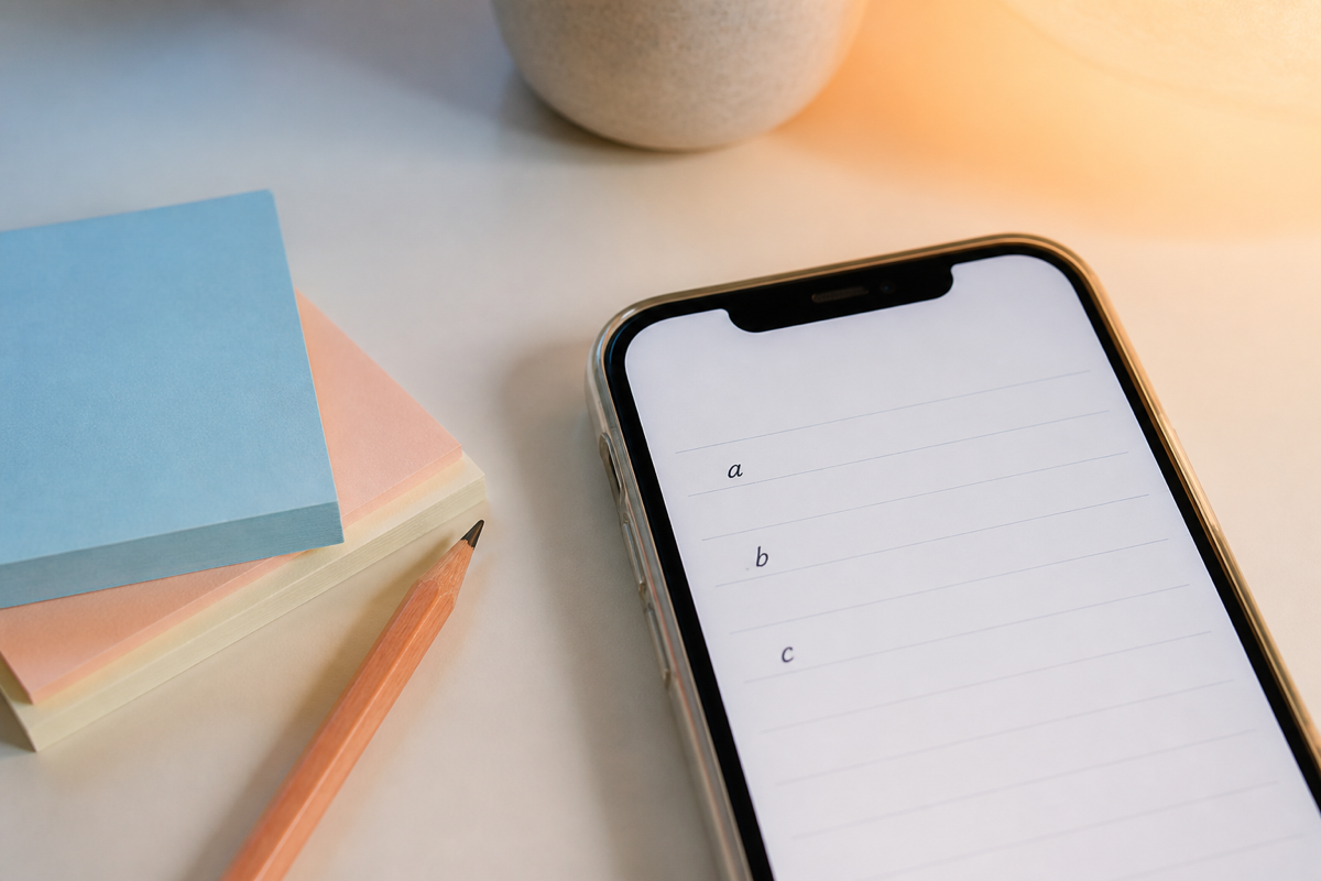 Phone notes with tiny letters on a cream desk